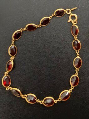 14K Yellow Gold Garnet Bezel Link Bracelet Oval Red Garnets